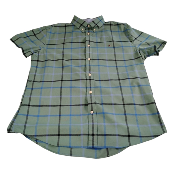 Tommy Hilfiger Green with Blue and Black Stripes Casual Button Down Shirt, XL - Picture 3 of 10